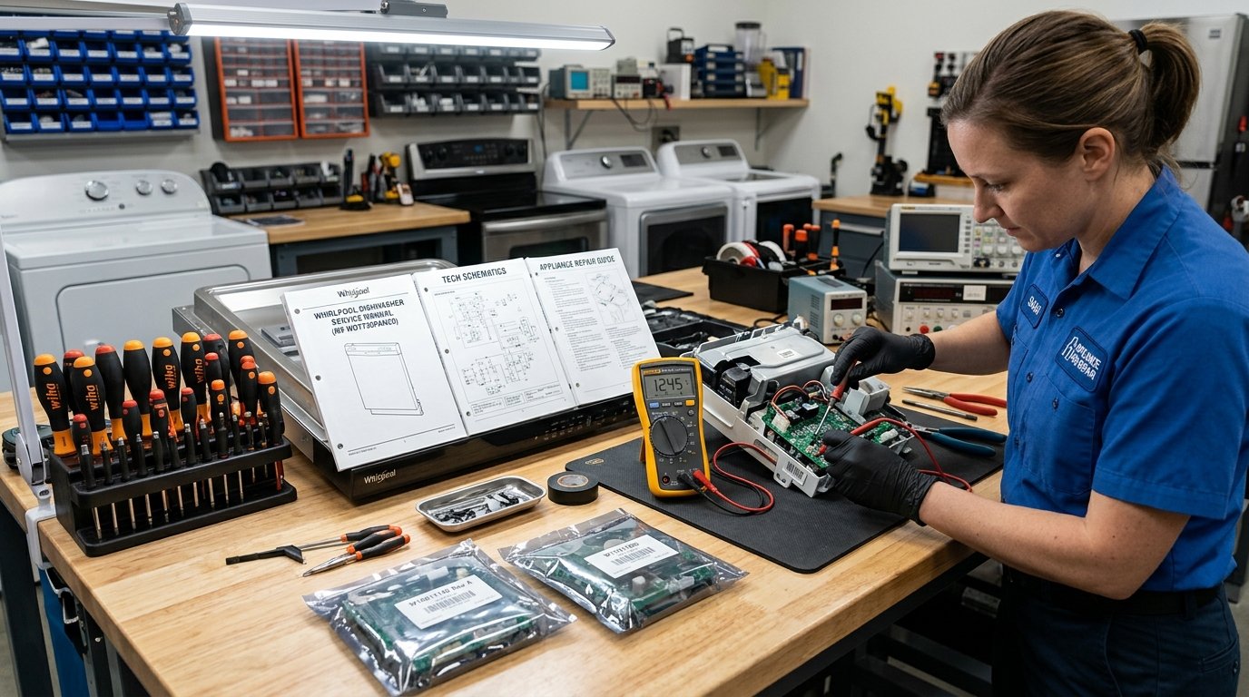 Appliance repair technician workspace with diagnostic tools